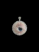 Handcrafted realistic deep blue eyeball necklace pendant with rhinestones and pearls, Weirdcore and Whimsigoth macabre art jewelry.
