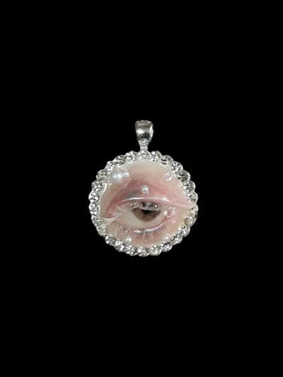 Handcrafted realistic hazel brown sleepy eyeball necklace pendant with rhinestones and white lashes, Creepy-cute and Dark Academia macabre art jewelry.