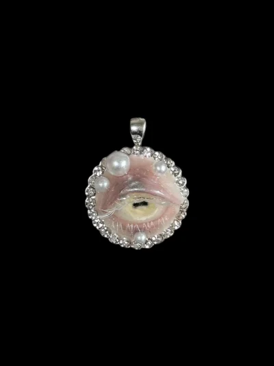 Handcrafted realistic golden yellow slit-pupil eyeball necklace pendant with rhinestones and asymmetrical pearls, Witchy and Weirdcore macabre art jewelry.