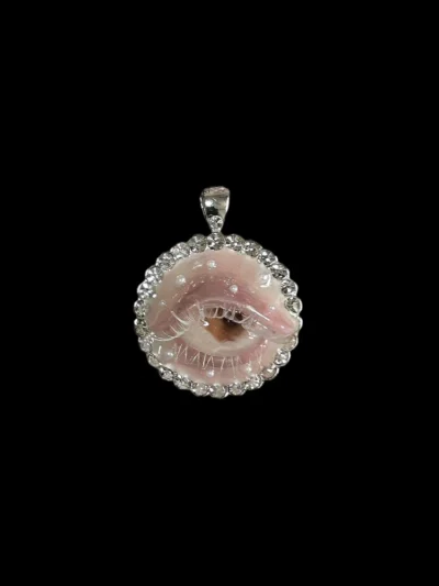 Handcrafted realistic golden yellow slit-pupil eyeball necklace pendant with rhinestones and asymmetrical pearls, Witchy and Weirdcore macabre art jewelry.