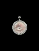 Handcrafted pale white ghostly eyeball necklace pendant with rhinestones and scattered pearls, Whimsigoth and Dark Academia macabre art jewelry.