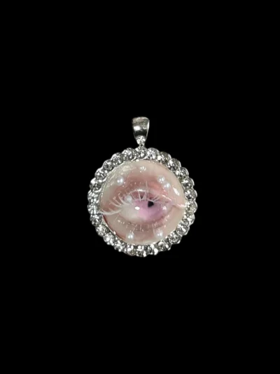 Handcrafted realistic rosy pink dreamy eyeball necklace pendant with rhinestones and scattered pearls, Creepy-Cute and Whimsigoth macabre art jewelry.