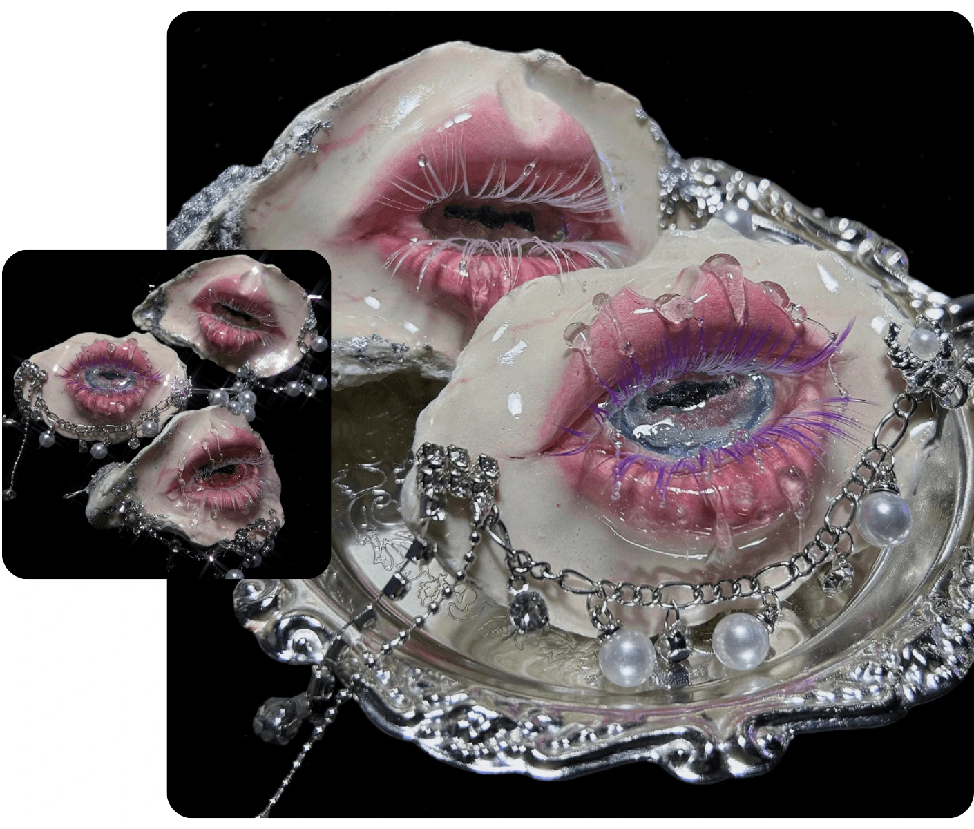 Surreal handmade oyster shell art featuring glossy pink lips and purple eyelashes forming an eye shape, adorned with resin water droplets, silver chains, and pearls on a vintage silver tray by TQArt.